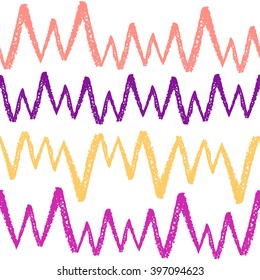 Multicolored uneven zigzag stripes vector seamless pattern. Brush drawn, rough edges. Free hand drawn zigzag texture. Abstract background.