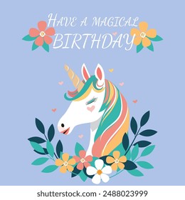 A multicolored unicorn head with flowers on a blue background.  A birthday greeting card template with a cute unicorn. A magical horse with a horn. Can be used in web design, printing, postcard