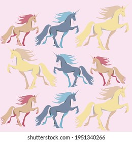 
Multicolored Unicorns Graze in Different Sides