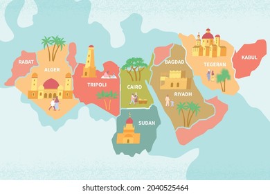 Multicolored unrealistic map of the area depicting the countries of the middle east flat vector illustration