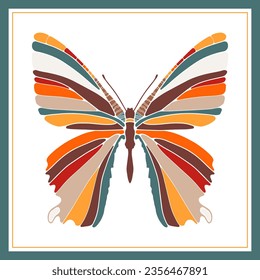 Multicolored unusual butterfly in a turquoise frame. Decor element, background for creating various designs and patterns.