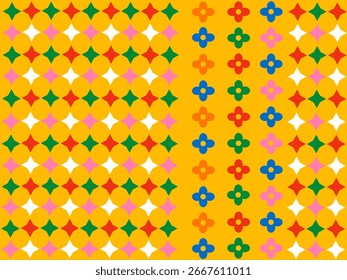 Uroz multicolorido sobre um fundo amarelo. Padrão de bordados de figuras reométricas. Imagem de fundo brilhante, padrão.