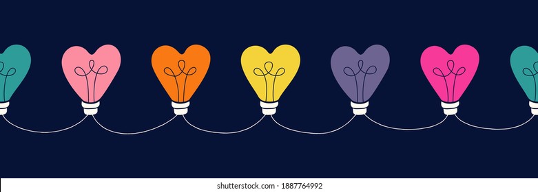 Multi-colored Valentine's Day Holiday Intertwined Heart Shape String Lights Forming Vertical Stripes on Dark Background Vector Seamless Horizontal Border. Rainbow Festive Love Background