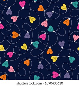 Multi-colored Valentine's Day Holiday Intertwined Heart Shape String Lights on White Background Vector Seamless Pattern. Rainbow Festive Love Background