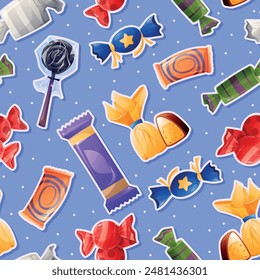 Multi-colored variety of candies, sweets and lollipops in bright wrappers. Vector seamless cartoon pattern.