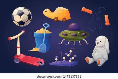 Multi-colored variety of children's toys. Set of vector isolated cartoon illustrations for kids game.