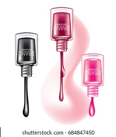 Multicolored varnishes for nails flowing out of vials. Vector illustration with bottles and stains of nail polish. 3d design of bottles or the concept of an advertising poster.