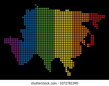 Multicolored vector abstract concept of Asia Map constructed of rounded square dots. Vector homosexual tolerance geographic map in LGBT flag color shades on a black background.