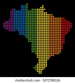 Multicolored vector abstract mosaic of Brazil Map designed of rounded square dots. Vector homosexual tolerance geographic map in LGBT flag color shades on a black background.