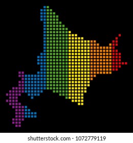 Multicolored vector abstract mosaic of Hokkaido Island Map made of rounded square items. Vector homosexual tolerance geographic map in LGBT flag color variations on a black background.