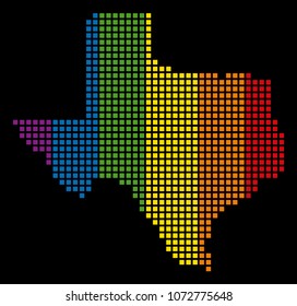 Multicolored vector abstract mosaic of Texas Map composed of rounded square pixels. Vector homosexual tolerance geographic map in LGBT flag color tints on a black background.