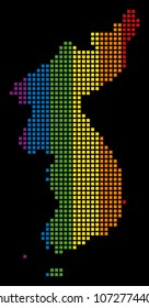 Multicolored vector abstract pattern of North And South Korea Map organized of rounded square elements. Vector homosexual tolerance geographic map in LGBT flag color tinges on a black background.