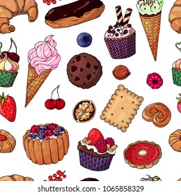 Multicolored vector bakery products. Color pattern of objects on the tasty theme.