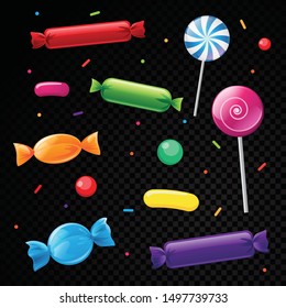 Multicolored vector birthday or halloween candy falling on black background