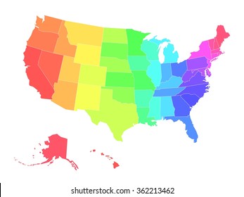 Multicolored vector blank map of USA, aka United States of America, divided into states. Simple flat illustration on white background.