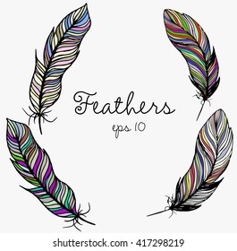 Multicolored vector feathers. Hand-drawn boho illustration for design, textile, prints.
