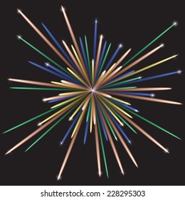 Multicolored vector fireworks with stars and patches of light against the dark night sky