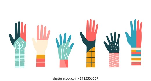 Multicolored vector hands with patterns on a white background.