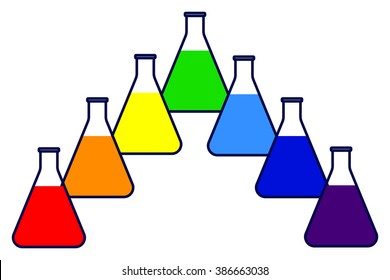 Multicolored vector icon of conical flasks with liquid on white background