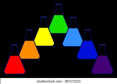 Multicolored vector icon of conical flasks with liquid on black background