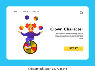 Multicolored vector icon of cute cartoon clown character riding one wheel circus bike and juggling