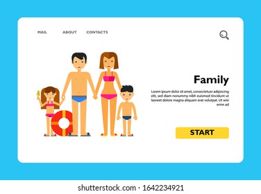 Multicolored vector icon of family consisting of man, woman and two children on beach