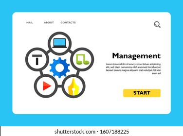 Multicolored vector icon of five cells with music, pen, play, laptop, t symbols around gear representing content management