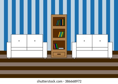Multicolored Vector icon of interior living room: two white sofa with backrest and  bookcase with books; stripped wall