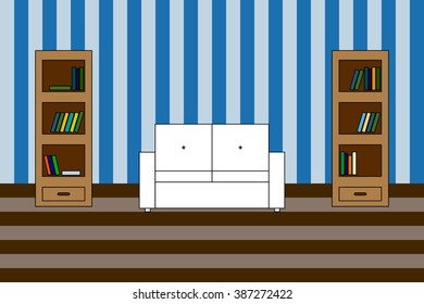Multicolored Vector icon of interior living room: white sofa with backrest and two bookcases with books; stripped wall