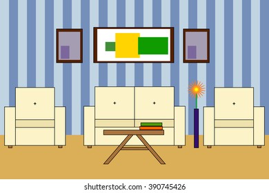 Multicolored Vector icon of interior living room:  sofa with backrest, two armchairs, two books on table; stripped wall