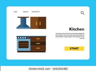 Multicolored vector icon of kitchen interior including cooker with oven and kitchen hood, cupboard