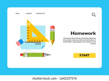 Multicolored vector icon of paper, pencil, pen, eraser, ruler representing homework