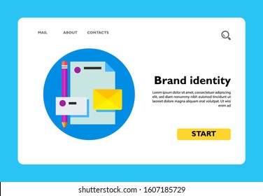 Multicolored vector icon of paper sheet, envelope, business card and pencil with same logo representing brand identity concept
