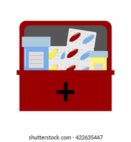 Multicolored vector icon of pills and bottles in medicine chest