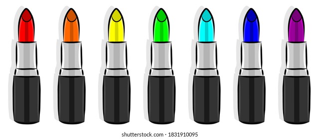 Multicolored vector illustration with black outline. Pattern on the theme of cosmetics and makeup. Set of images of lipsticks of all colors of the rainbow