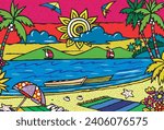 Multicolored, vector illustration of coastal tropical landscape.