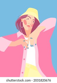 Multi-colored vector illustration with the image of a young girl with pink hair in a yellow hat. A fashionable postcard.