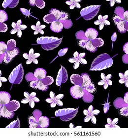 Multicolored vector illustration. Tropical with many multicolor abstract flowers on black background.
