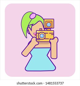 Multicolored vector image of a smiling girl with a bright camera in her hands, in a bright dress and colored hairs.