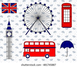 Multicolored vector isolated symbol of London on drop and umbrella background