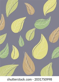 Hojas vectoriales multicolores sobre un fondo gris. Antecedentes dibujados a mano