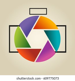 Multi-colored vector logo in the form of lens and diaphragm of camera on light background.