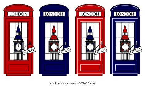 Multicolored Vector London city concept. Big Ben and telephone box. Set of telephone boxes. Vector illustration