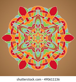 Multicolored Vector Mandala. Mandala vector for art, coloring book, zendoodle. Circle Abstract Object Isolated On Brown Background.
