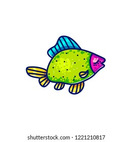 Multicolored vector marine beautiful cartoon fish swimming on white background