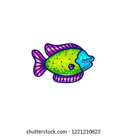 Multicolored vector marine beautiful cartoon fish swimming on white background