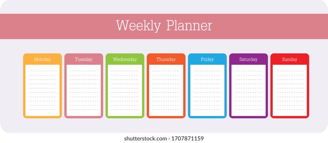 Multicolored vector schedule. Weekly planner template for companies and private use. Info graphic organizer or Weekly routine agenda sheet