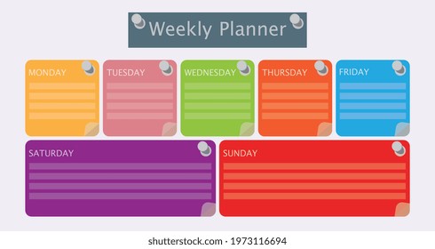 Multicolored vector schedule. Weekly planner template for companies and private use. Info graphic organizer or Weekly routine agenda sheet