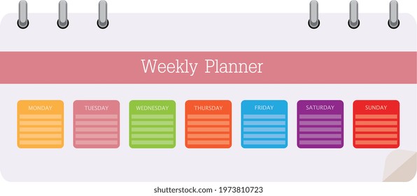 Multicolored vector schedule. Weekly planner template for companies and private use. Info graphic organizer or Weekly routine agenda sheet