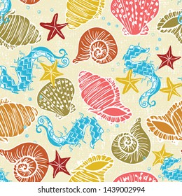 Multi-colored vector seahorse, starfish and seashell seamless pattern background. Great for web, fabric and paper.